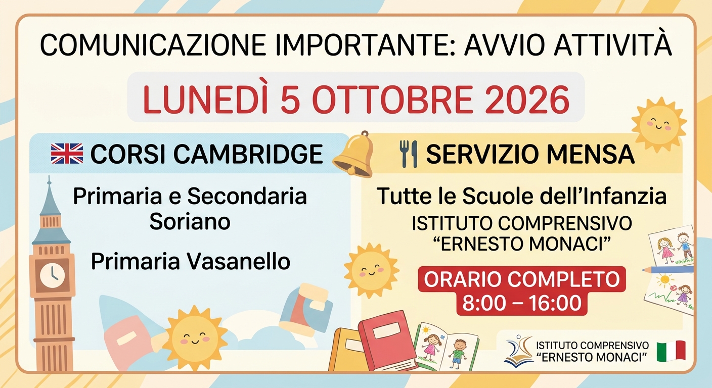 Avvio corsi Cambridge e servizio mensa scuole dell'infanzia – A.S. 2026/2027